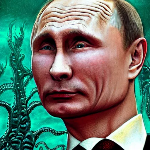 Image similar to vladimir putin became stupid ugly lovecraftian degenerate abomination, photo - realistic, color image, 2 k, highly detailed, horror
