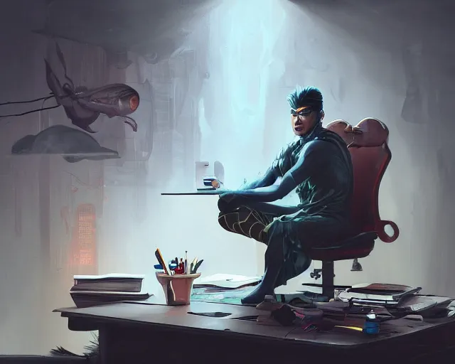 Image similar to an insanely detailed painting of an asian man wearing a homemade superhero costume, sitting at a desk, staring at the nervously at the computer and typing, in the style of peter mohrbacher, dramatic lighting and composition, surreal background, octane render, pixar, trending on artstation, concept art, comic book, view from behind