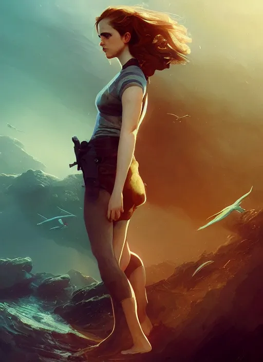 Image similar to hyper realistic photo of beautiful whalehunter emma watson, full body, rule of thirds, conceptart, saturated colors, cinematic, greg rutkowski, brom, james gurney, mignola, craig mullins, artstation, cgsociety