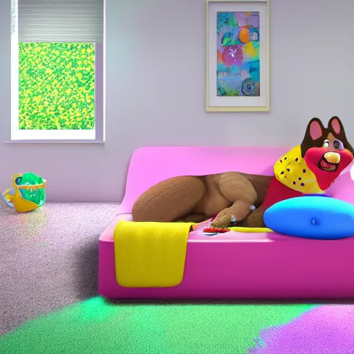 Image similar to eye - level view, in a child's bedroom filled with toys there is a bed under a window. a colorful comforter is on the bed. a super cute gsd puppy runs and jumps and plays on the bed. hilarious, funny, back to school comedy, cg animation, 3 d octane render, imax 7 0 mm,