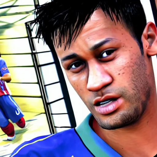 Image similar to a screenshot of neymar in gta. 3 d rendering. unreal engine. amazing likeness. very detailed. cartoon caricature