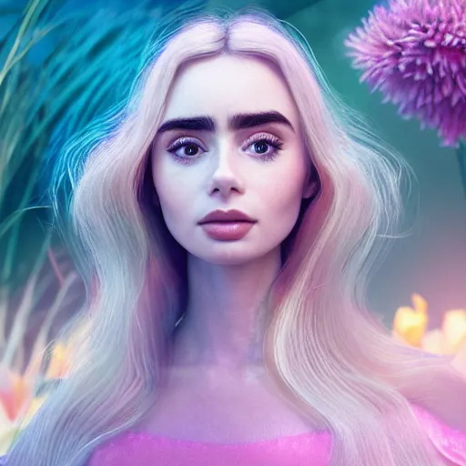 Prompt: a beautiful blonde queen girl lily collins, floating under the deep dream water, beautiful smooth soft light + white petal, oil paint, octane render, unreal engine 5, closeup, 4 k, highly detailed, instagram,