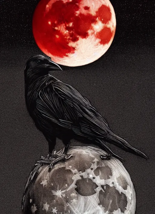 Image similar to portrait, A crow in front of the full big moon, book cover, red white and black colors, establishing shot, extremly high detail, foto realistic, cinematic lighting, pen and ink, intricate line drawings, by Yoshitaka Amano, Ruan Jia, Kentaro Miura, Artgerm, post processed, concept art, artstation, matte painting, style by eddie mendoza, raphael lacoste, alex ross