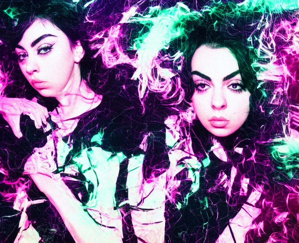 Prompt: Charli XCX, Macintosh Plus, glitchcore, scanlines, detailed