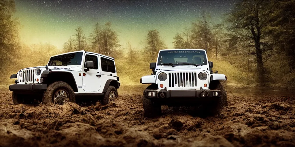 Prompt: a muddy 1997 hardtop white Jeep Wrangler drowning in quicksand, digital art, beautiful iridescent fog swallows the dirty alien swamp, planets can be seen in the sky above, in front of an amazing forest, gritty, cinematic, extraordinary colorful landscape, photorealistic, soft vintage glow, trending on artstation, 4k, hd