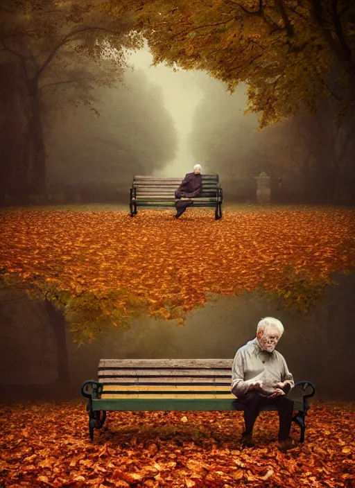 Image similar to man crumbles into leaves. conceptual photography portrait of an old man on a park bench falling apart into leaves, autumn tranquility, forgetfulness, fading to dust and leaves, oblivion, inevitability, aging, surreal portrait, moody, by tom bagshaw, cold, 4 k