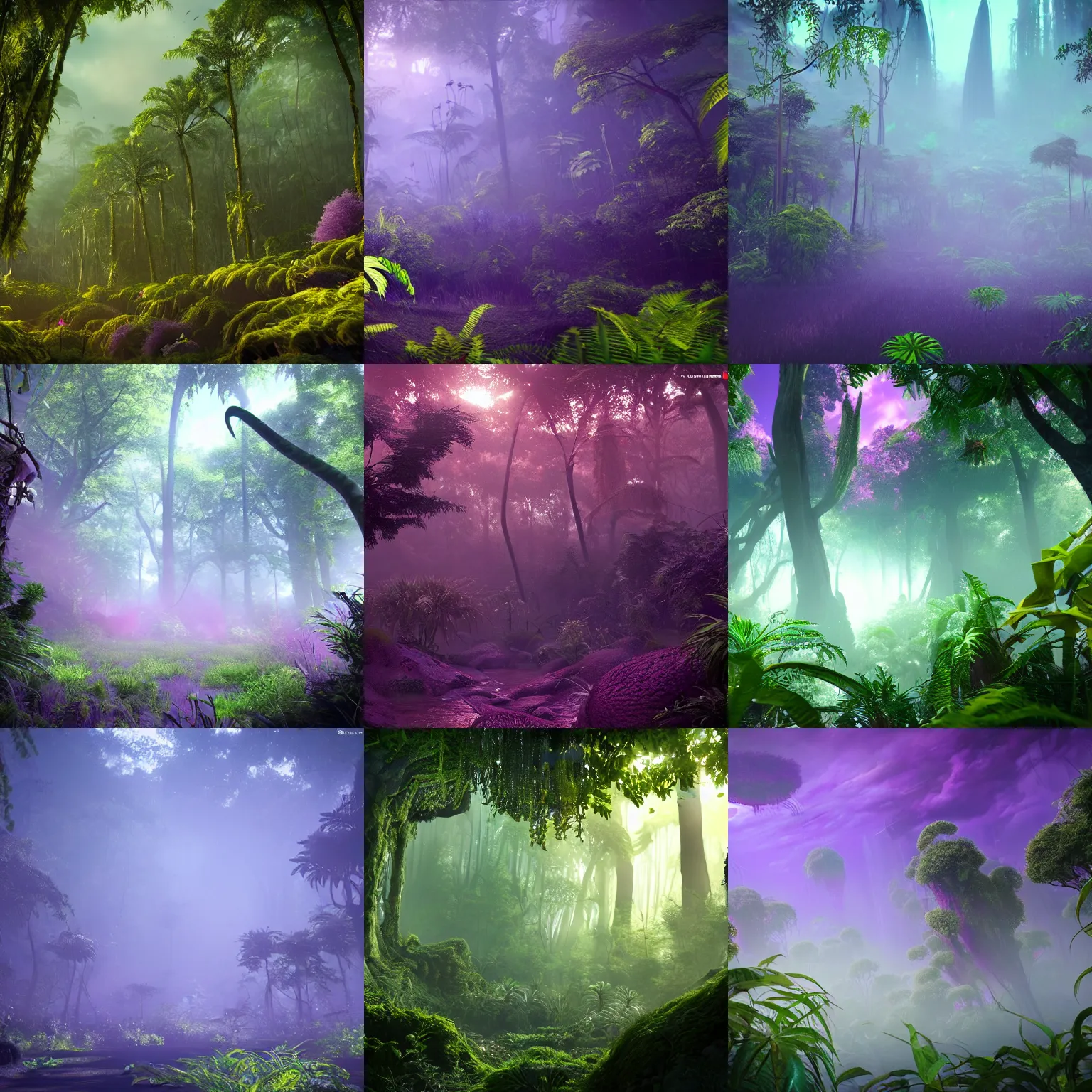 Prompt: a lush alien forest, violet! sky, yellow! plants, birds in flight, humid alien jungle, atmospheric, exotic, unreal engine, trending on artstation