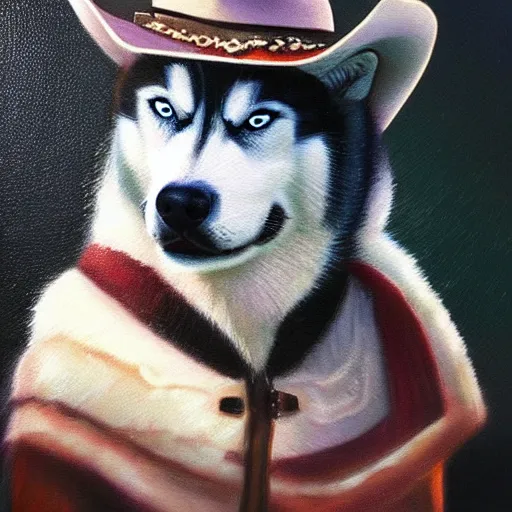 Image similar to a portrait painting of a husky in cowboy costume, wearing a cowboy hat, in the style of anime, trending on artstation