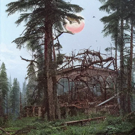 Image similar to a ivan shishkin and simon stalenhag photo of a ruined building the sky is cloudy. the moon is full. an enormous robot