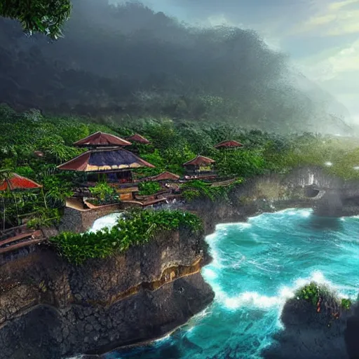 Image similar to A beautiful, perfect, impressive, amazing concept art digital CG painting of a place in Bali, trending on ArtStation, Unreal Engine