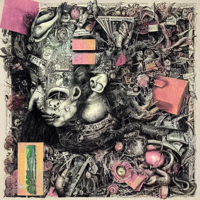 Image similar to post - punk new age album cover, asymmetrical design, dollar bank notes, capitalism, magic, apocalypse, psychedelic, black white pink, highly detailed, magic, giger h. r., giuseppe arcimboldo