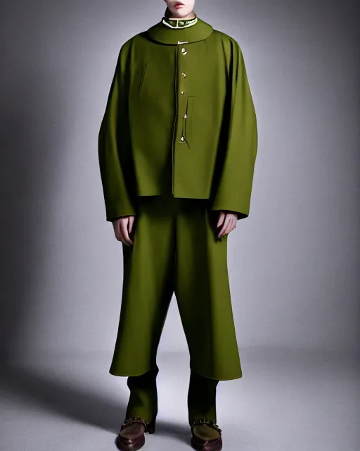 Prompt: a fashion editorial photo of a green extremely baggy short ancient medieval designer menswear moto jacket with an oversized collar and baggy bootcut trousers designed by alexander mcqueen, 4 k, studio lighting, wide angle lens