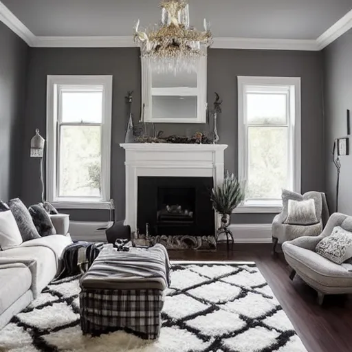 Image similar to cozy living room, grey walls, white ceiling, fireplace, medallion area rug