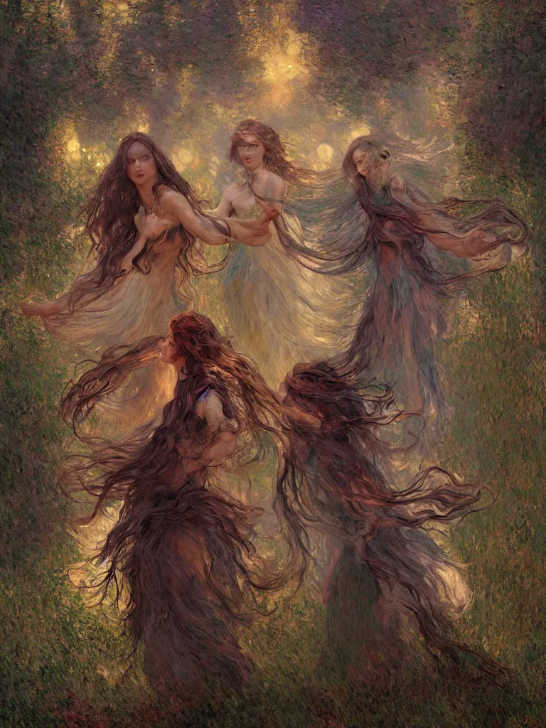 Prompt: illustration studio portrait of three dark beautiful seraphim female energy dancing in artistic poses in a coven at the forest, a big firepit emerges, monet painterly motives and textures pattern, hyper detailed, octane render, vivid colors, artstation, by jeremy mann, by alphonse mucha, by monet