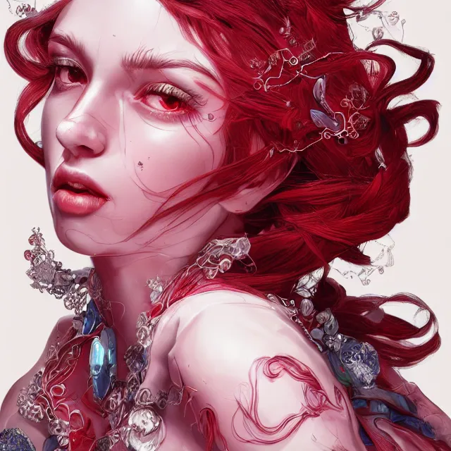 Prompt: portrait of a red gem ruby personified as an absurdly beautiful, elegant, young hypercolorful sensual gravure idol, ultrafine hyperrealistic detailed face illustration by kim jung gi, irakli nadar, intricate linework, sharp focus, bright colors, matte, octopath traveler, final fantasy, unreal engine highly rendered, global illumination, radiant light, intricate environment
