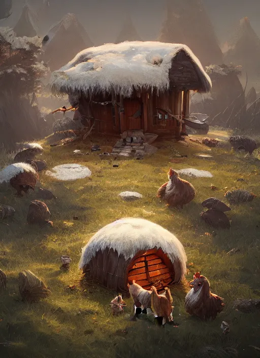 Image similar to hut with chicken legs, greg rutkowski, zabrocki, karlkka, jayison devadas, trending on artstation, 8 k, ultra wide angle, zenith view, pincushion lens effect