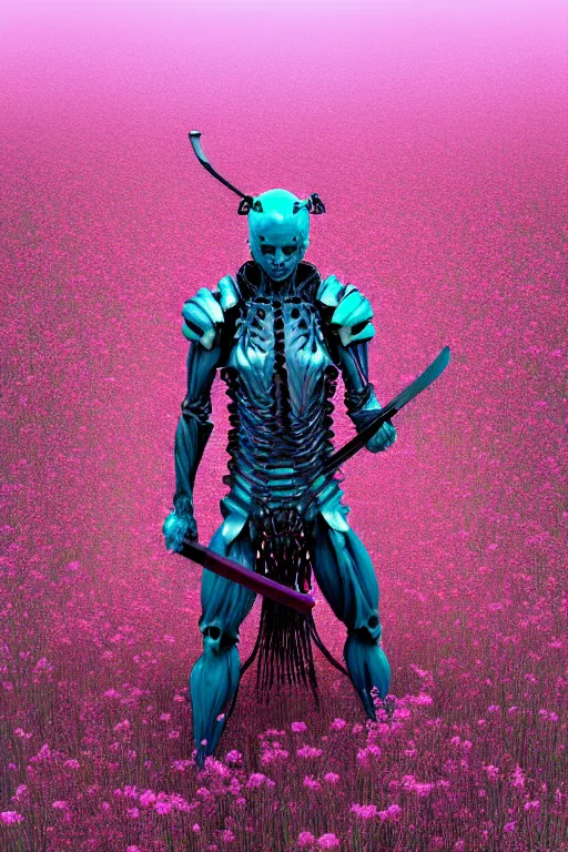 Image similar to hyperrealistic neo - gothic muscular human demon hybrid, exoskeleton armor, holding katana, field of pink flowers, highly detailed digital art masterpiece, vitaly bulgarov dramatic dark teal light, ground angle hd 8 k, sharp focus