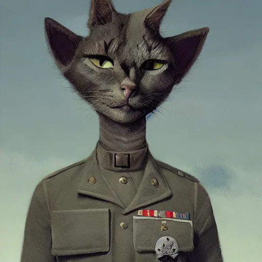 Image similar to Portrait face fuzzy eyes snout ears furry ripped physique kitty cat general camouflaged as a kitty cat man wearing a military officer uniform standing atop a panzer tank charlie bowater elina brotherus greg rutkowski Dan Witz paul klee jamie wyeth victo ngai