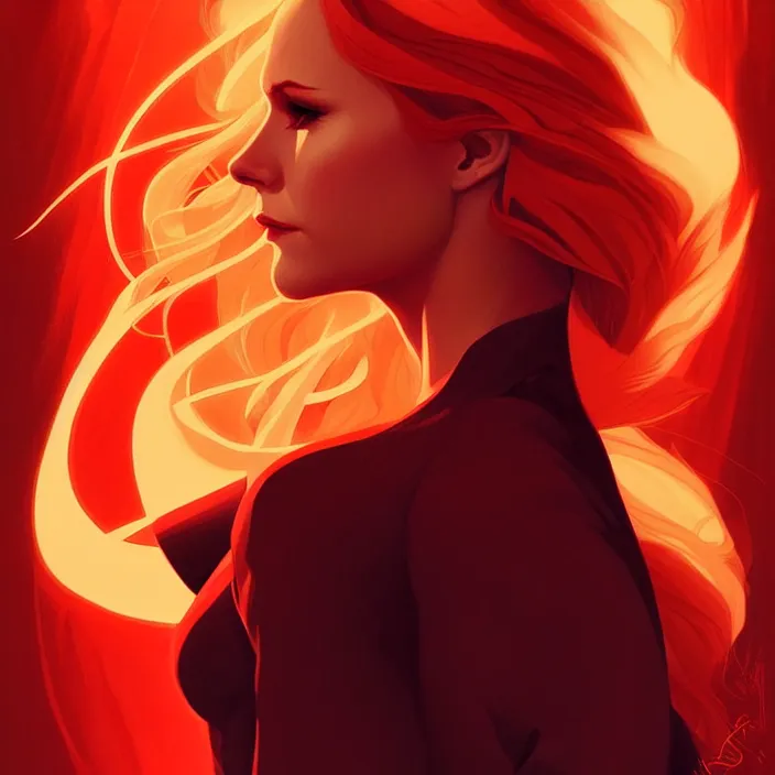 Prompt: style artgerm, joshua middleton, beautiful ( kristen bell ) with dark red dress, very long orange hair, symmetrical face, symmetrical eyes, fire powers fire swirling, detailed, volcano setting, cinematic lighting