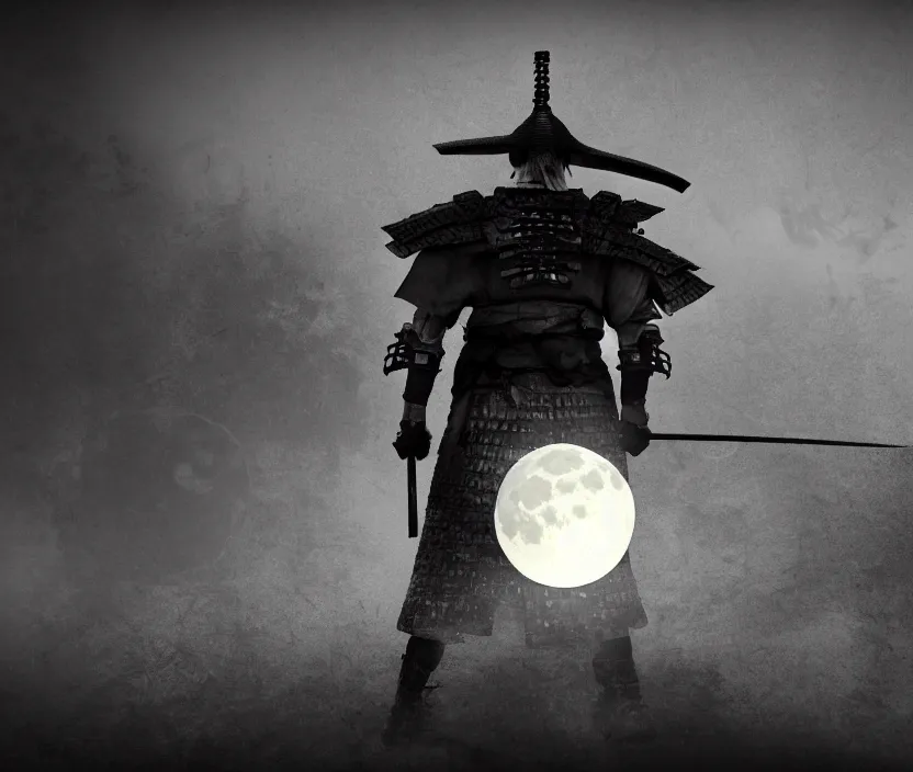 Image similar to '2d design graphic a samurai in the night ,big white moon background , gloomy and foggy atmosphere, octane render, horror scene, highly detailded , black and white ink '