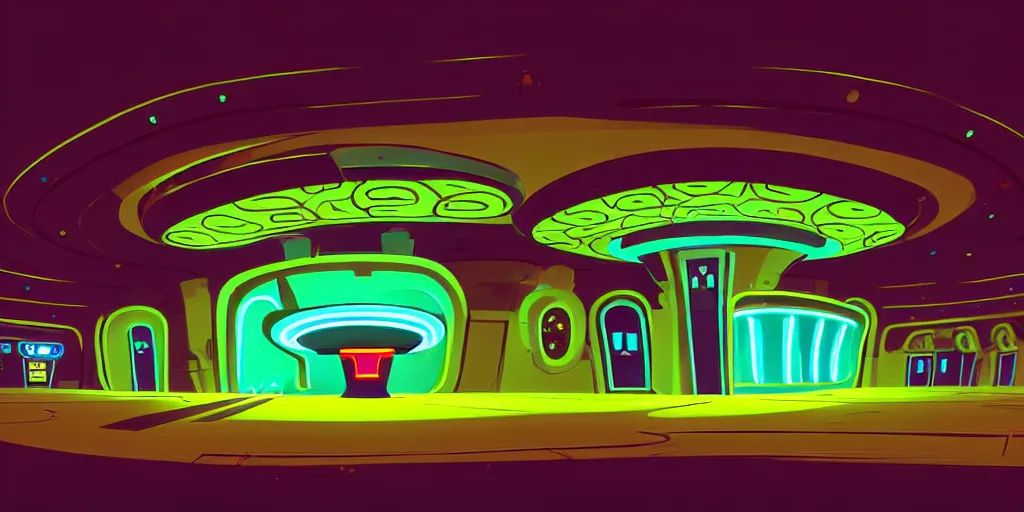 Prompt: minimalistic extreme wide angle curly perspective digital art of alien shaped indoor casino with roulettes in the roof, by anton fadeev from nightmare before christmas