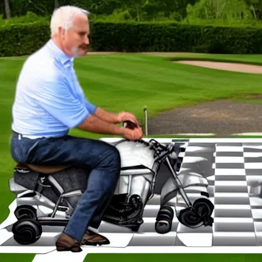 Prompt: a man who is half motorcycle, half golfer, on a realistic chessboard trying to use his computer