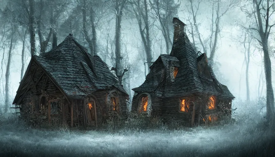 Image similar to abandoned witch cabin in a middle of a dark forest covered by huge cobwebs, hyperdetailed, artstation, cgsociety, 8 k