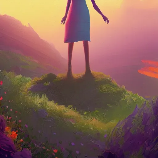 Image similar to closeup, giant flower head, girl standing on cliff, surreal photography, sunrise, blue sky, dramatic light, impressionist painting, digital painting, artstation, simon stalenhag