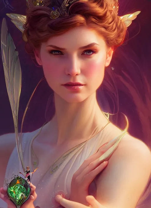 Image similar to tinker bell, d & d, fantasy, intricate, elegant, highly detailed, digital painting, artstation, concept art, matte, sharp focus, illustration, hearthstone, art by artgerm and greg rutkowski and alphonse mucha