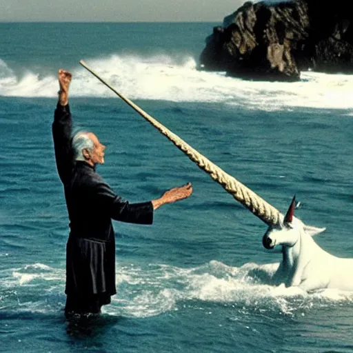 Image similar to christopher lee throwing a beautiful unicorn into the sea