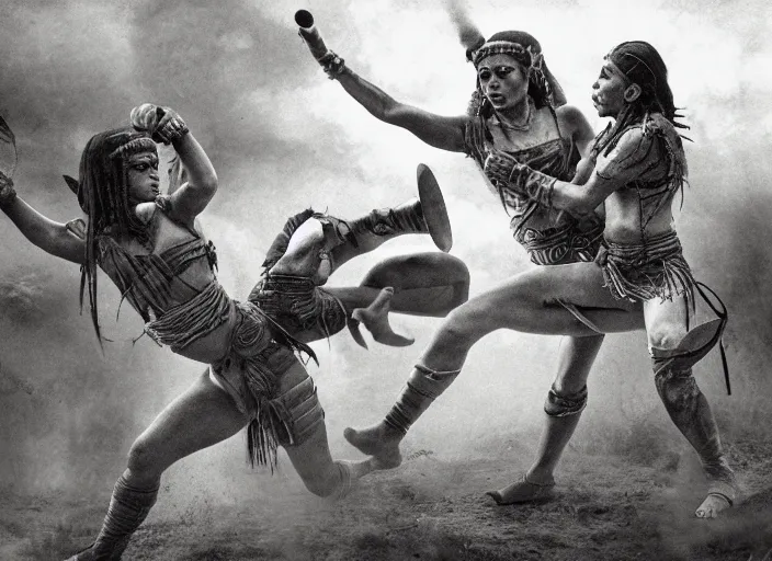 Prompt: movie, ancient Battlefield, two beautiful aztec warrior females fight, epic ,old photo, vintage, black and white, Boris vallejo, sepia, apocalypto