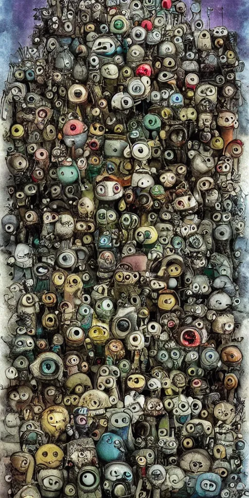 Image similar to an eyeball junkyard scene by alexander jansson and where's waldo