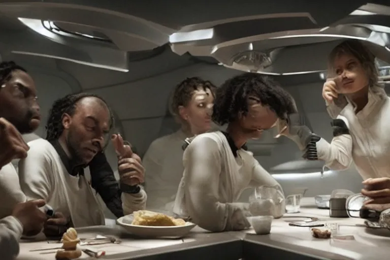 Image similar to movie closeup diverse interracial small team of European sci-fi futuristic space explorers talking at the table in a spaceship kitchen, beautiful skin, Symmetrical faces. Beautiful lighting by Emmanuel Lubezki