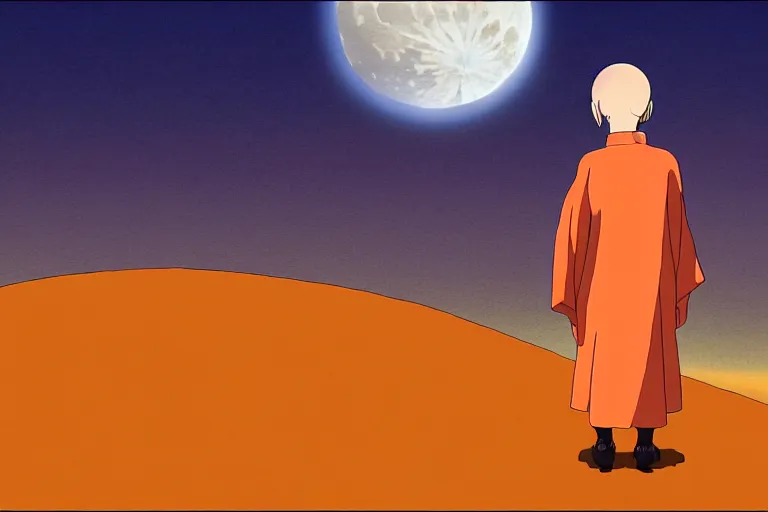 Image similar to a study of cell shaded cartoon of an android monk in an orange robe from howl's moving castle ( 2 0 0 4 ) on a desert road, in front of a big moon, full body, wide shot, very muted colors, post grunge, studio ghibli, highly detailed, deviantart, art by artgem