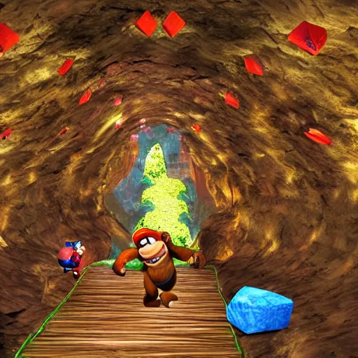 Image similar to Donkey Kong in a beautiful cave, with crystals on the walls.