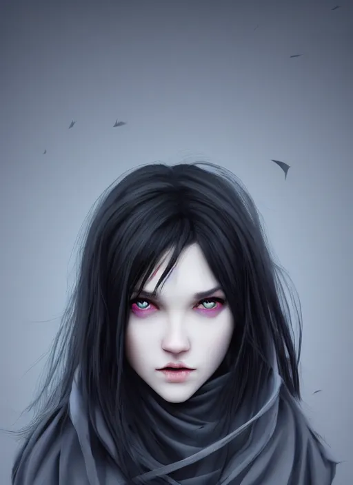 Image similar to long face, sharp features, girl, portrait, devil smile, grey eyes, black hair, dark cloak, dnd, cinematic light, pastel colors, volumetric shading, high radiosity dull skin, global illumination, radiant light, soft light, soft color dodge, subsurface scattering