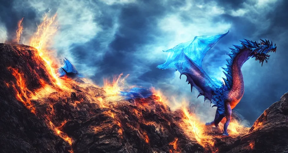 Image similar to a blue dragon standing on top of a mountain breathing fire, epic lighting, epic view, cinematic