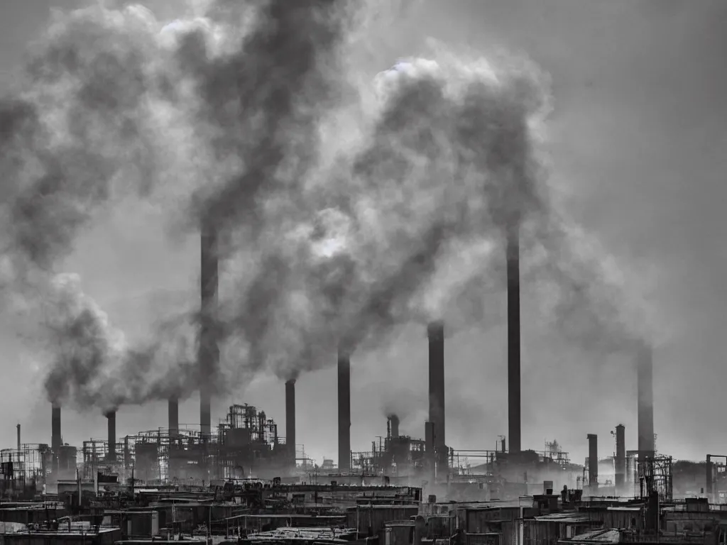 Image similar to industrial revolution buildings, smoke, towers