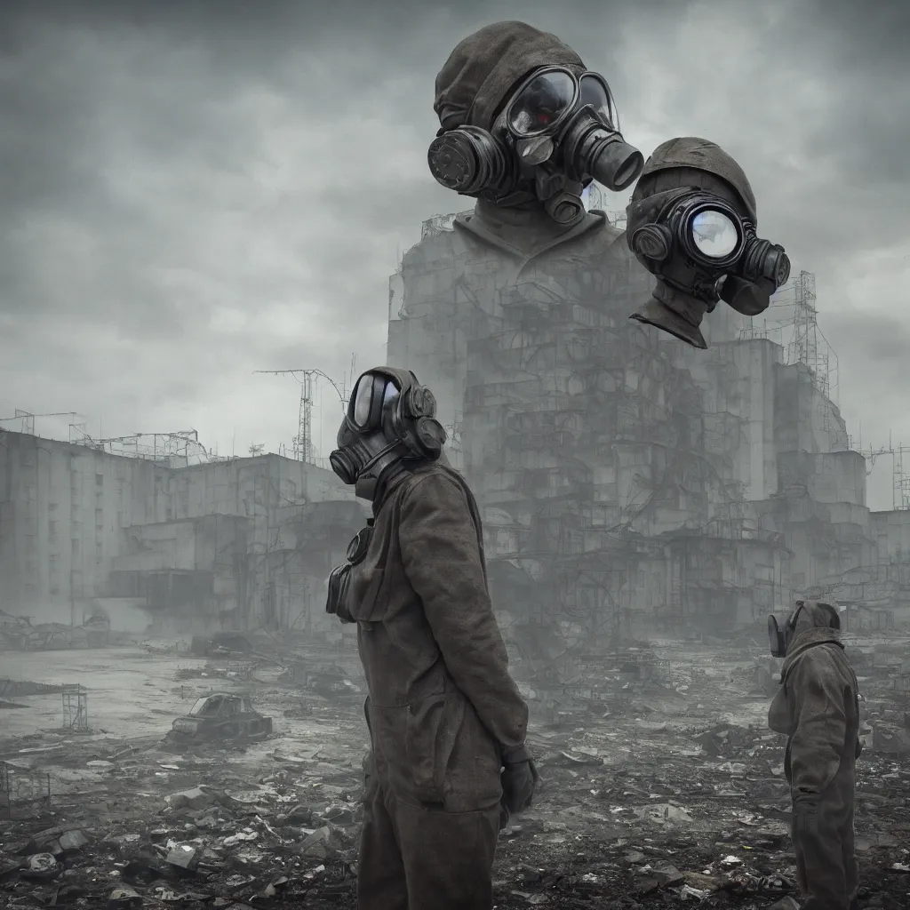 Image similar to high pollution, pripyat, chernobyl, people with gas masks, soviet brutalism, dieselpunk, industrial, futuristic, very detailed, diesel, 4 k