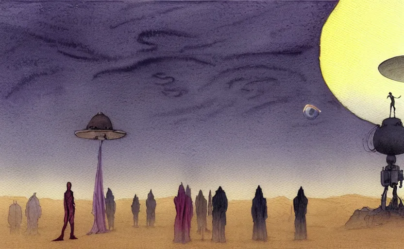 Image similar to a hyperrealist watercolour character concept art portrait of a 1 0 ft. tall thin alien with a high forehead on a misty night in the desert. a small group of people are watching from the foreground. a ufo is in the background. by rebecca guay, michael kaluta, charles vess and jean moebius giraud