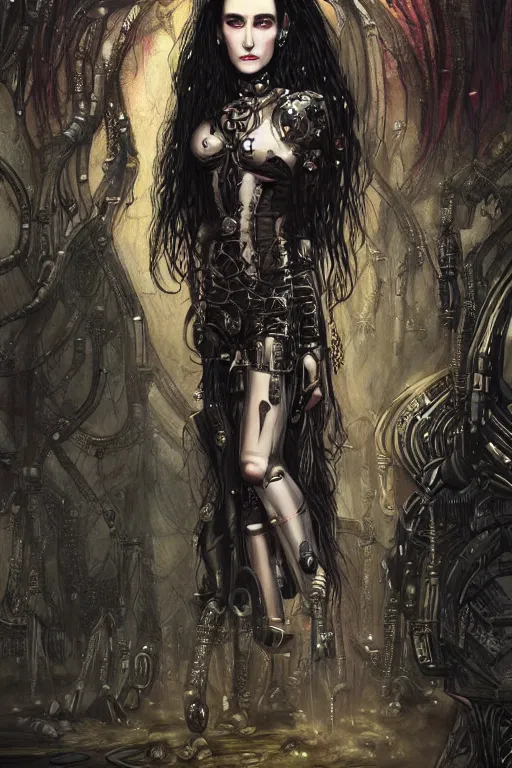 Prompt: beautiful gothic Jennifer Connelly, cyberpunk, Warhammer, highly detailed, artstation, illustration, art by Gustav Klimt