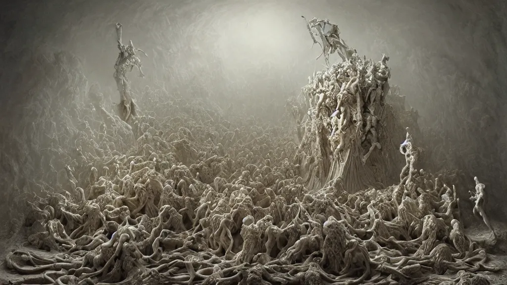 Image similar to an epic sculpture made of marble and ivory, a horde of cosmic skeletons attacking, by gustave dore, by zdzisław beksinski, by emil melmoth, sculpture standing on in a large studio space, monumental, epic, detailed, intricate, volumetric lighting, realistic, octane render, in frame, 2 0 % pearlescent detailing