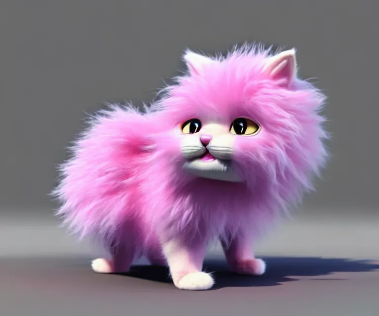 Prompt: high quality 3 d render hyperrealistic very cute small cat, plush mascot, short spiky dense fluffy smooth hair, photo from the side, pink fluffy fur, 1 5 0 mm, beautiful natural soft light, rim light, vray, smooth background, artstation, ultra detailed