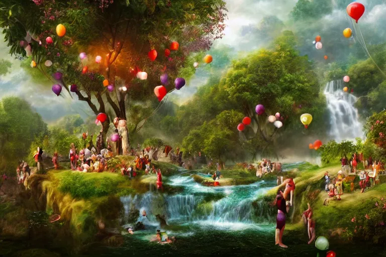 Prompt: illustration of the garden of Eden, river of wine, waterfall of milk, stream of honey, trees full of new fruits, beautiful home in the side, people flying using balloons, beautiful, digital art, matte painting, trending on artstation