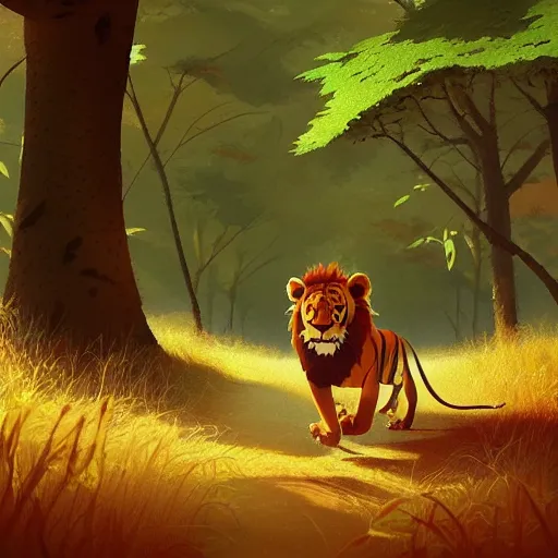 Image similar to goro fujita ilustration a lion tiger walking in the forest, painting by goro fujita, sharp focus, highly detailed, artstation