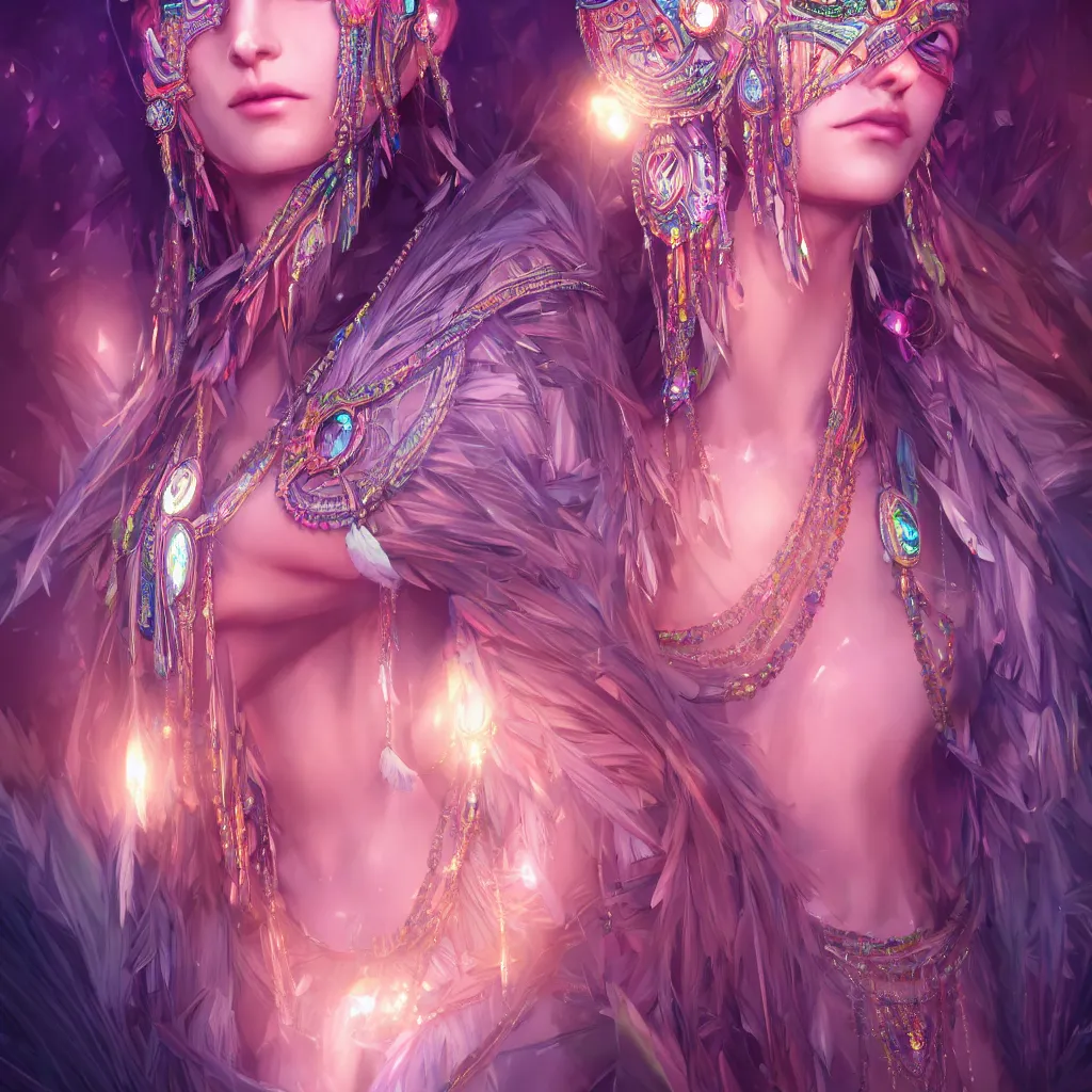 Prompt: portrait highly detailed beautiful symmetrical face high priestess intricate elegant detailed crystal jewellery with tribal feathers, lush colourful volumetric lighting, anime digital painting, concept art, smooth, sharp focus 3 d, divine realm of gods, realistic cinematic style, octane render, photographic, unreal engine 8 k