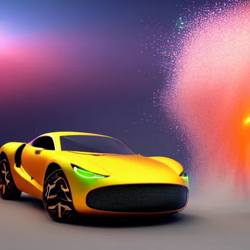 Image similar to a luxurious car is dramatically breaking out of a tv screen. cute 3 d octane render, elegant, an explosion of colorful powder in the background by pixar on artstation, 8 k