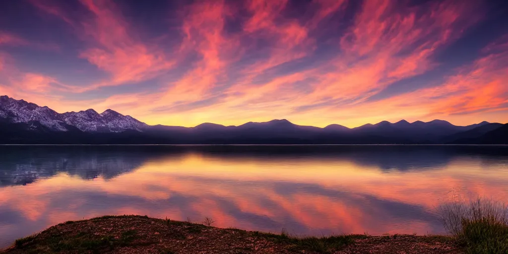 Image similar to photo of a sunset on a lake with mountains in the background, landscape, beautiful, elegant, award winning photograph, highly detailed, high resolution photo, trending on artstation, 4 k