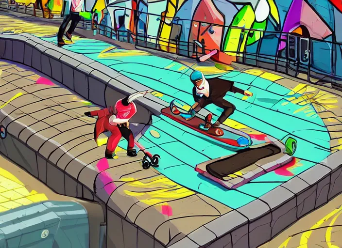 Prompt: cell shaded skateboarding game with graffiti, cell shading, colourful, beach front, jet set radio