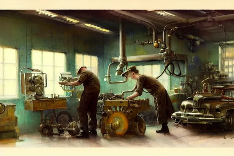 Image similar to ( ( ( ( ( 1 9 5 0 s retro science fiction mechanics shop interior scene. muted colors. ) ) ) ) ) by jean - baptiste monge!!!!!!!!!!!!!!!!!!!!!!!!!!!!!!